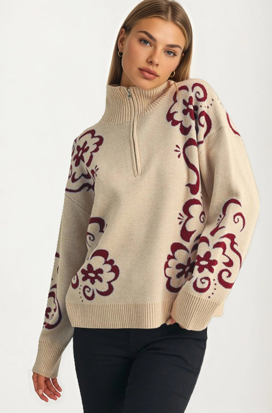 Floral Quarter-Zip Sweater with Ribbed Collar and Relaxed Fit