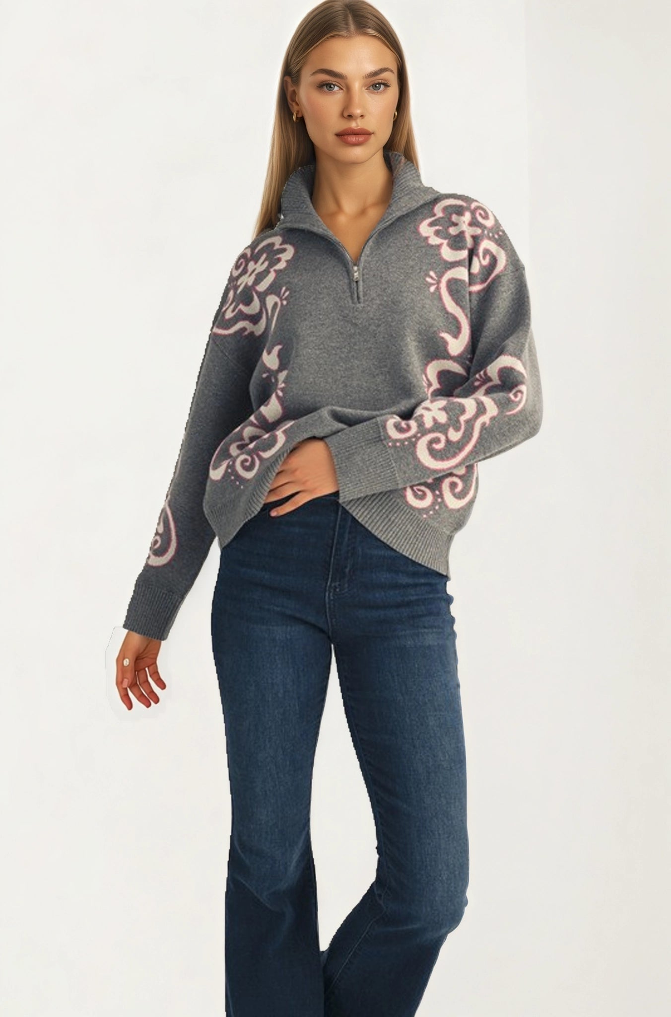 Floral Quarter-Zip Sweater with Ribbed Collar and Relaxed Fit