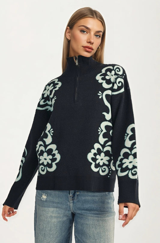 Floral Quarter-Zip Sweater with Ribbed Collar and Relaxed Fit