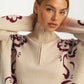 Floral Quarter-Zip Sweater with Ribbed Collar and Relaxed Fit