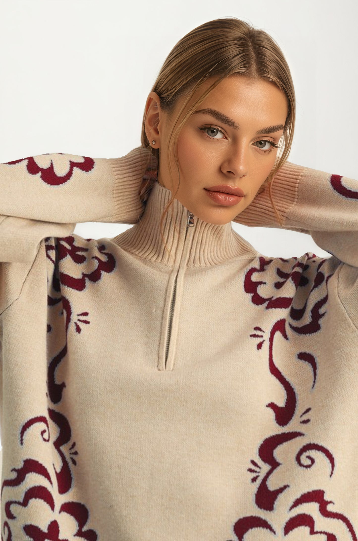 Floral Quarter-Zip Sweater with Ribbed Collar and Relaxed Fit