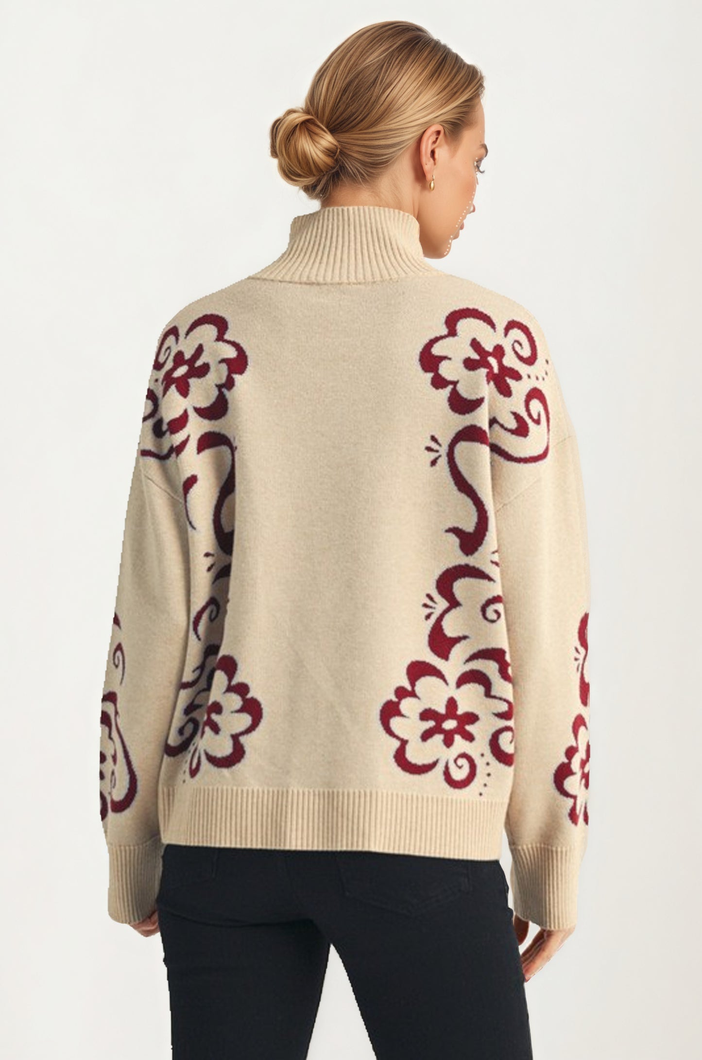 Floral Quarter-Zip Sweater with Ribbed Collar and Relaxed Fit