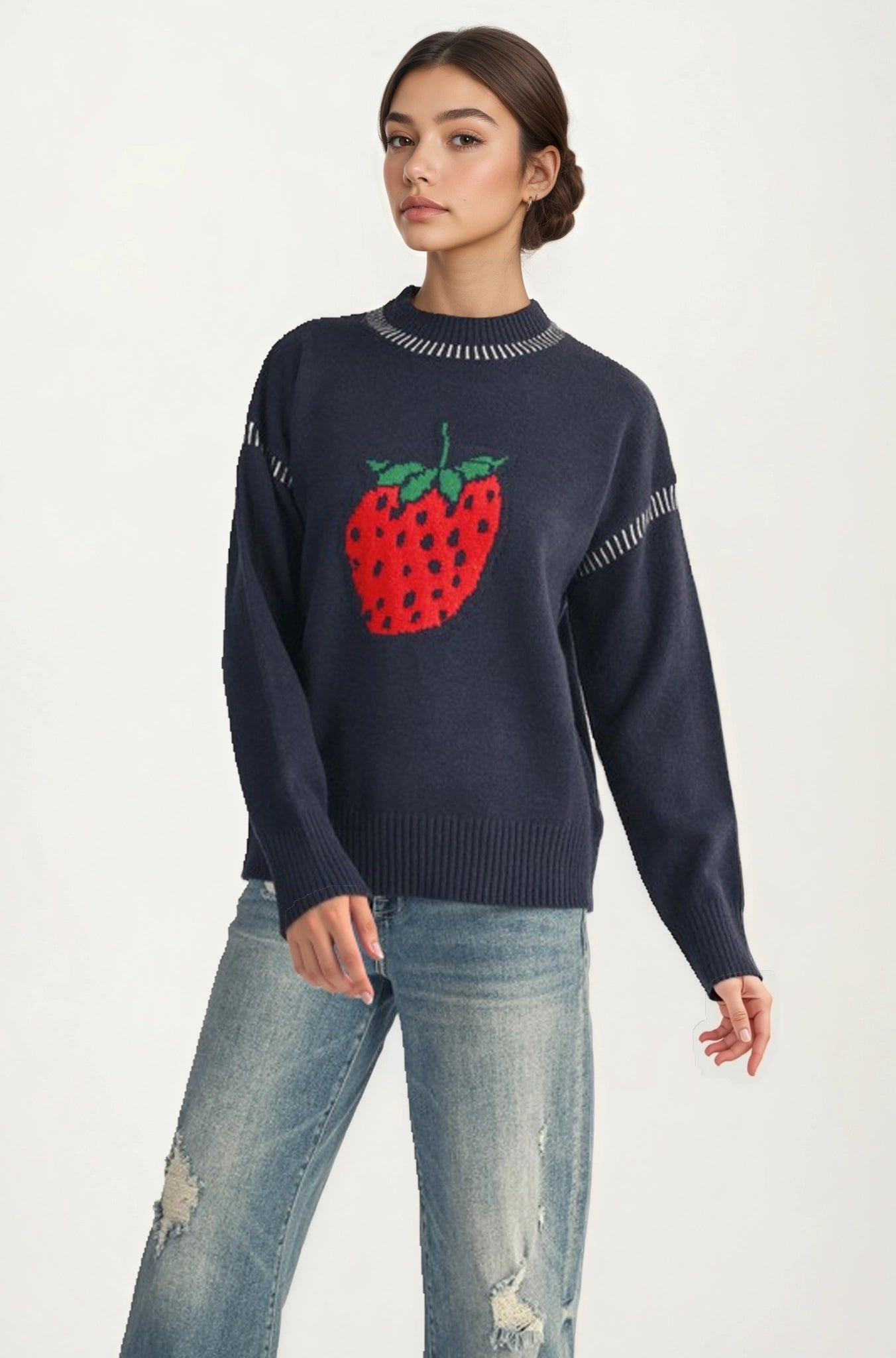 Playful Strawberry Knit Sweater with Ribbed Hem and Long Sleeves