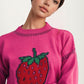 Playful Strawberry Knit Sweater with Ribbed Hem and Long Sleeves