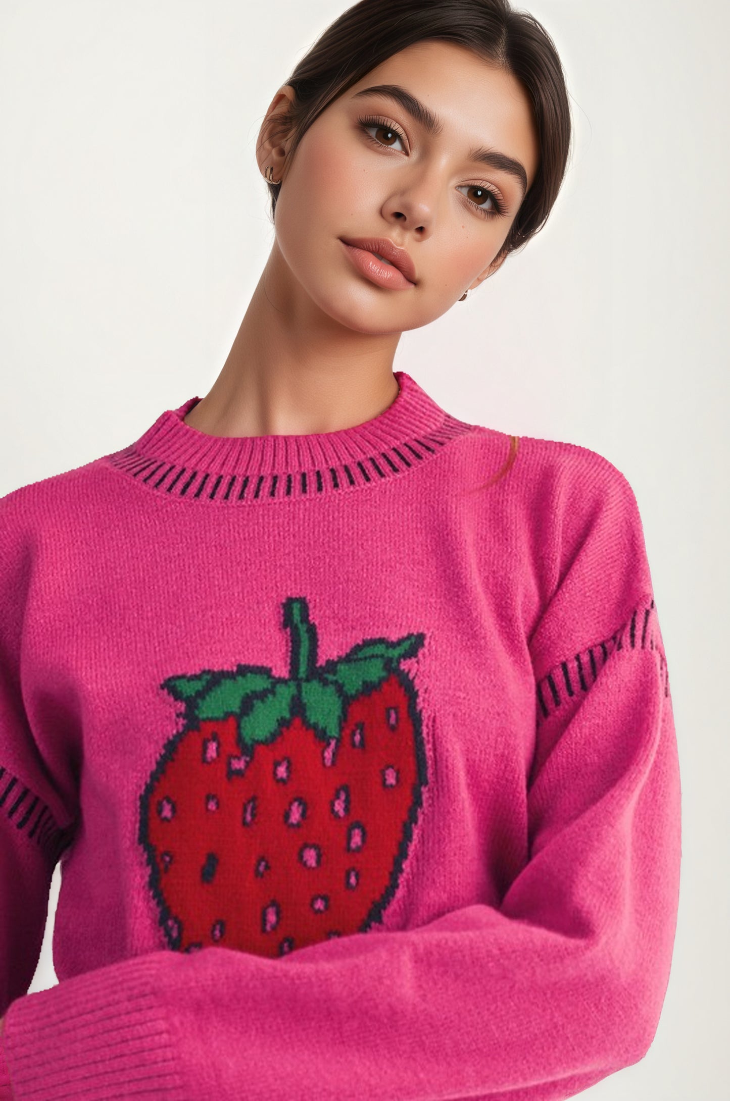 Playful Strawberry Knit Sweater with Ribbed Hem and Long Sleeves