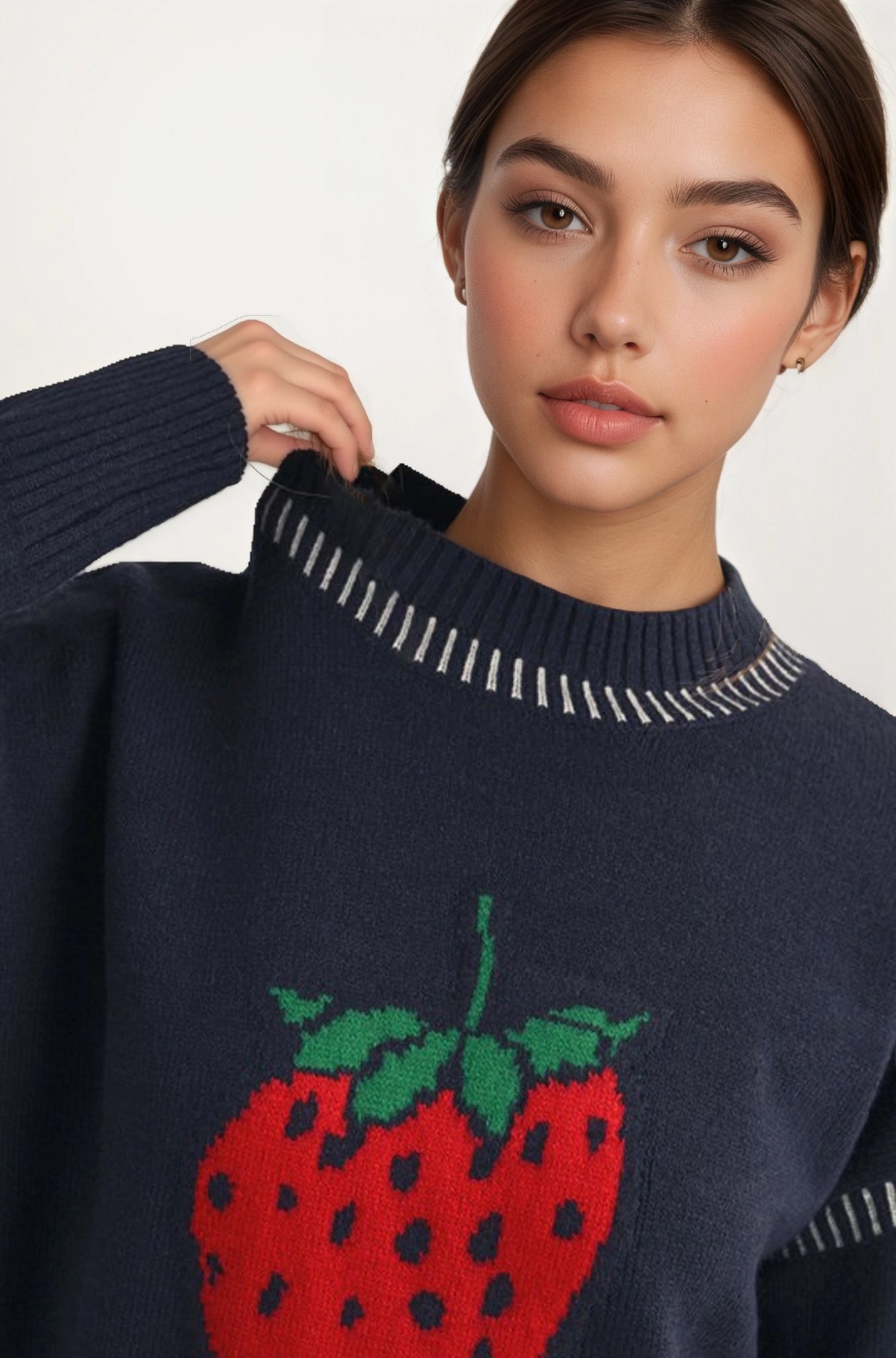 Playful Strawberry Knit Sweater with Ribbed Hem and Long Sleeves
