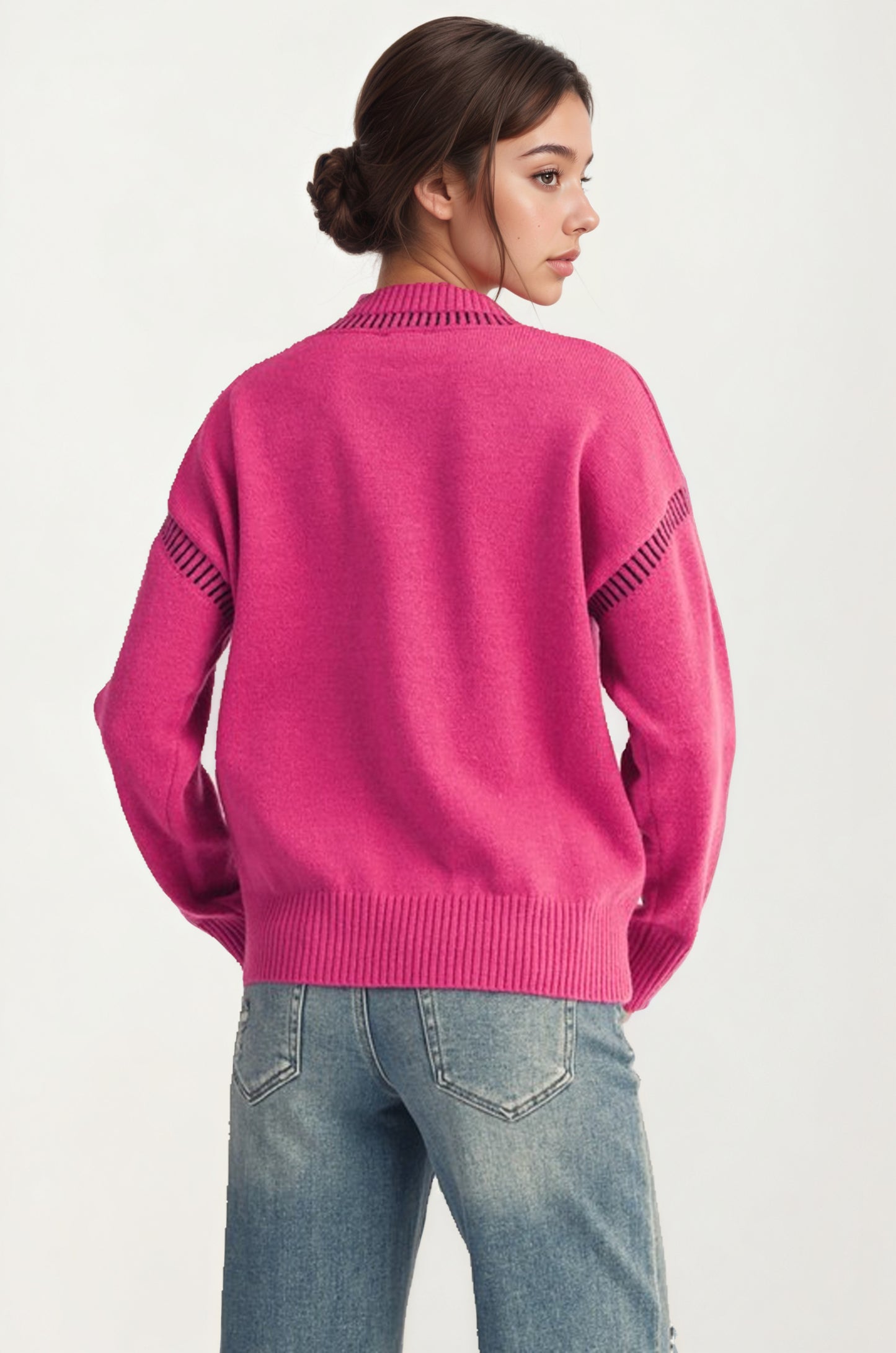 Playful Strawberry Knit Sweater with Ribbed Hem and Long Sleeves