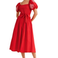 Red Puff Sleeve Smocked Bodice Midi Dress