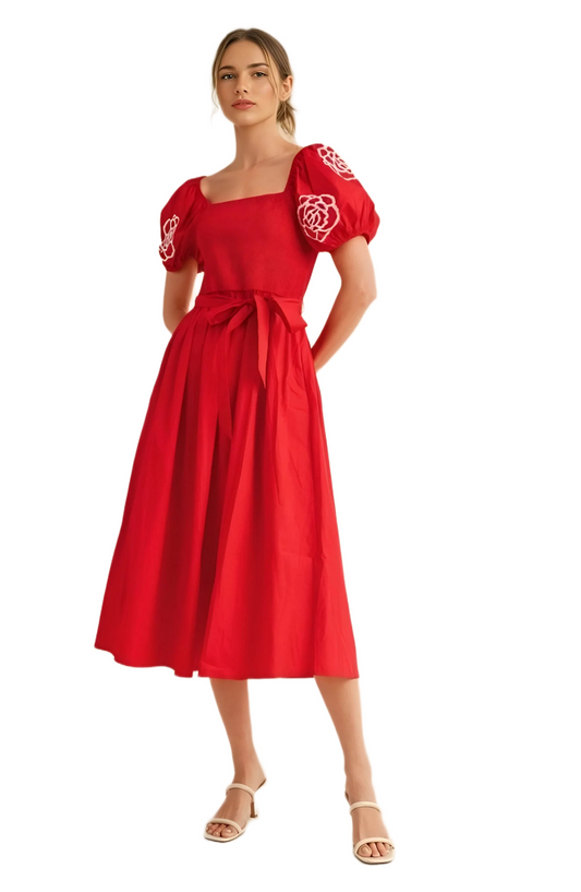 Red Puff Sleeve Smocked Bodice Midi Dress