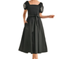Black Puff Sleeve Smocked Bodice Midi Dress