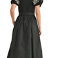 Black Puff Sleeve Smocked Bodice Midi Dress