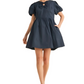Navy Puff Sleeve Mini Dress with Bow Detail