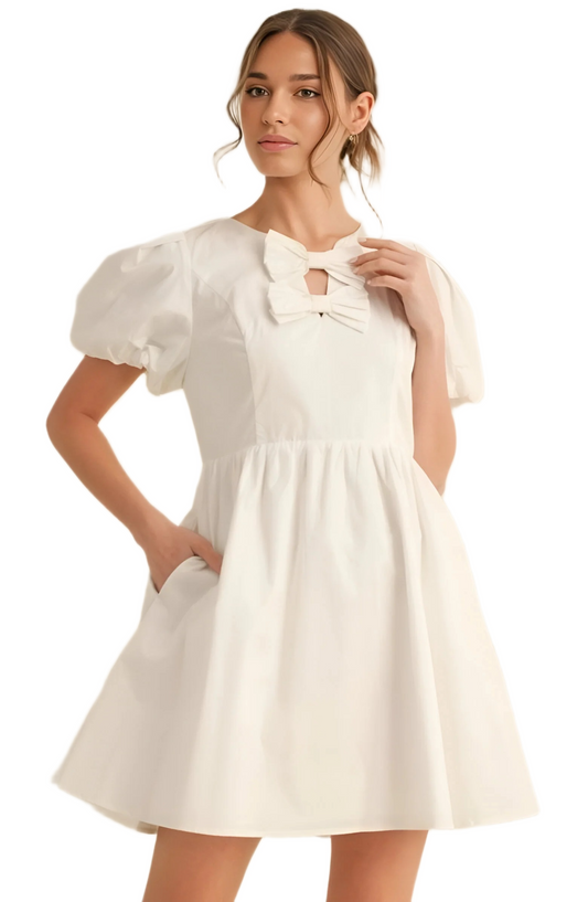 White Puff Sleeve Mini Dress with Bow Neckline