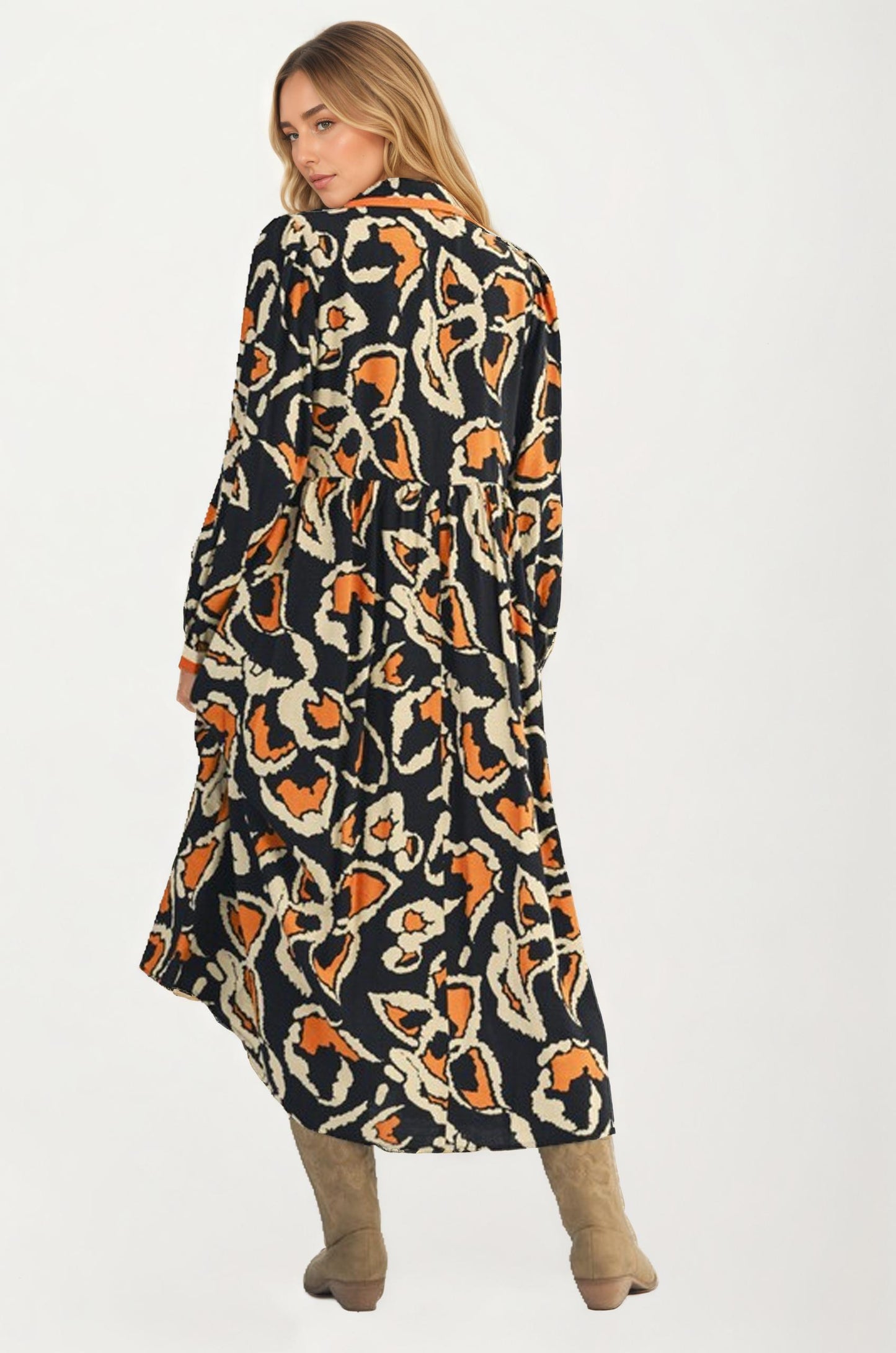Bold Abstract Print Maxi Dress with Contrast Trim