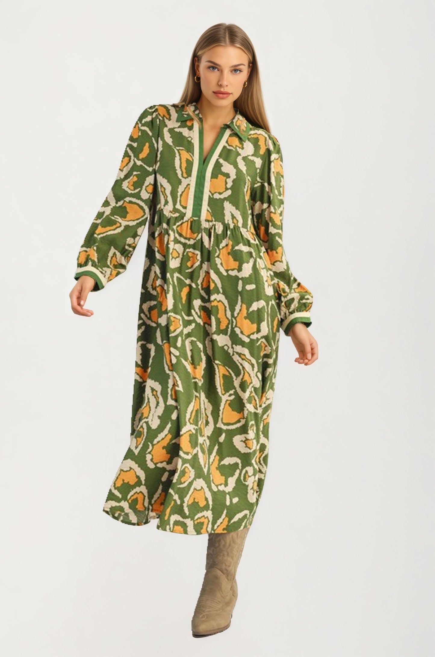 Bold Abstract Print Maxi Dress with Contrast Trim