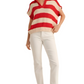 Red and Cream Striped Knit Polo Top
