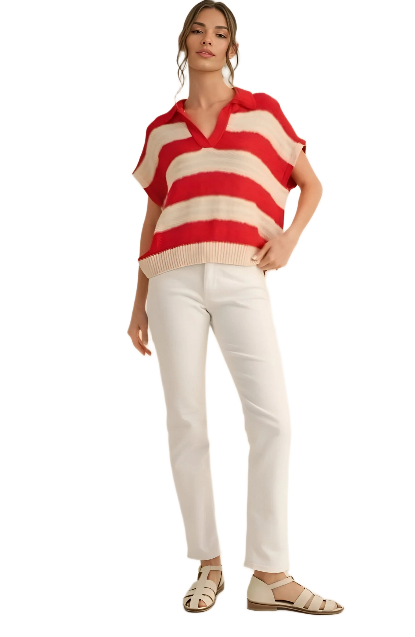 Red and Cream Striped Knit Polo Top