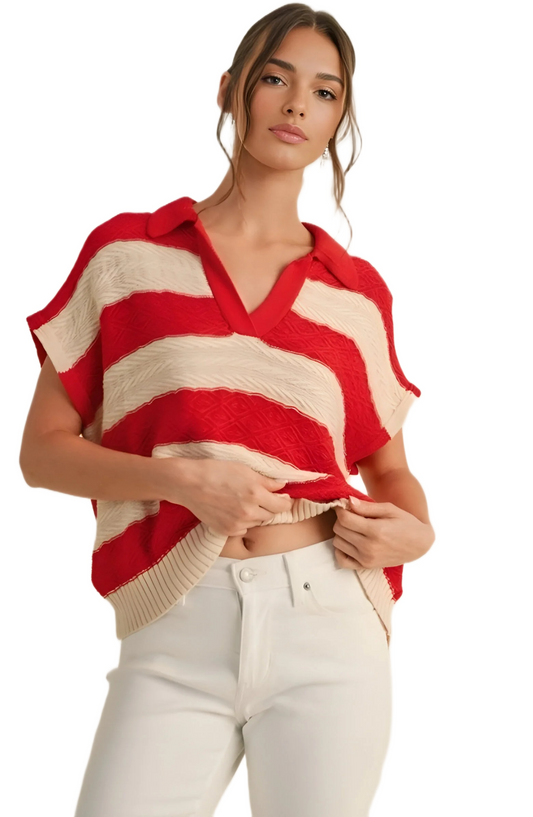 Red and Cream Striped Knit Polo Top