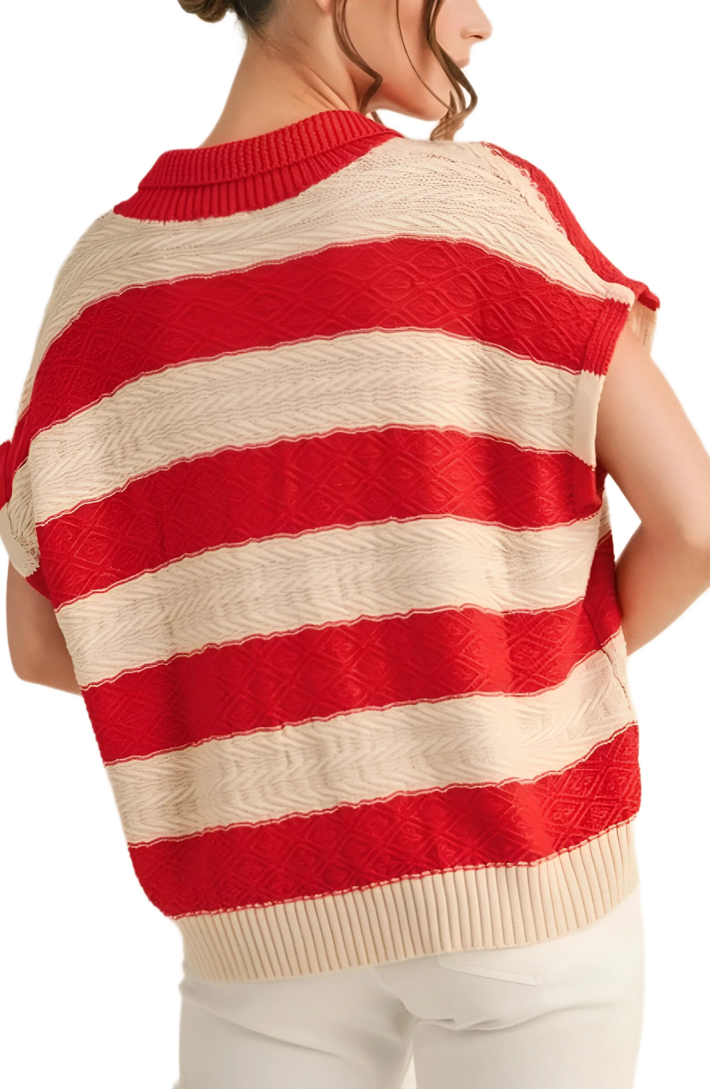Red and Cream Striped Knit Polo Top