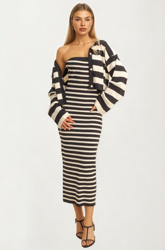 Striped Knit Midi Dress And Cropped Cardigan Set