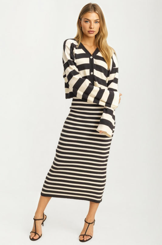 Striped Knit Midi Dress And Cropped Cardigan Set
