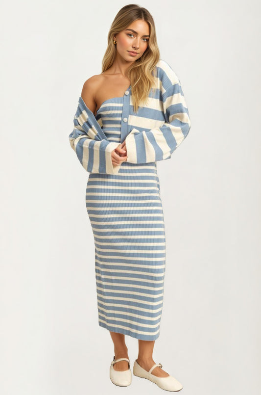 Striped Knit Midi Dress And Cropped Cardigan Set
