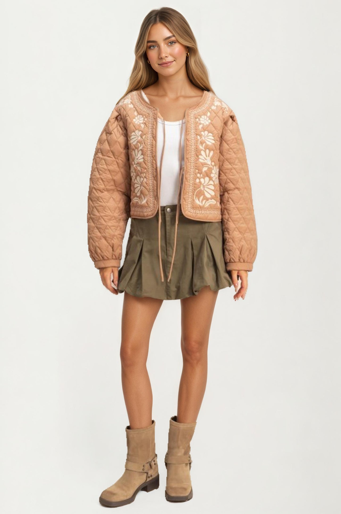 Quilted Floral Embroidered Jacket with Tie Front