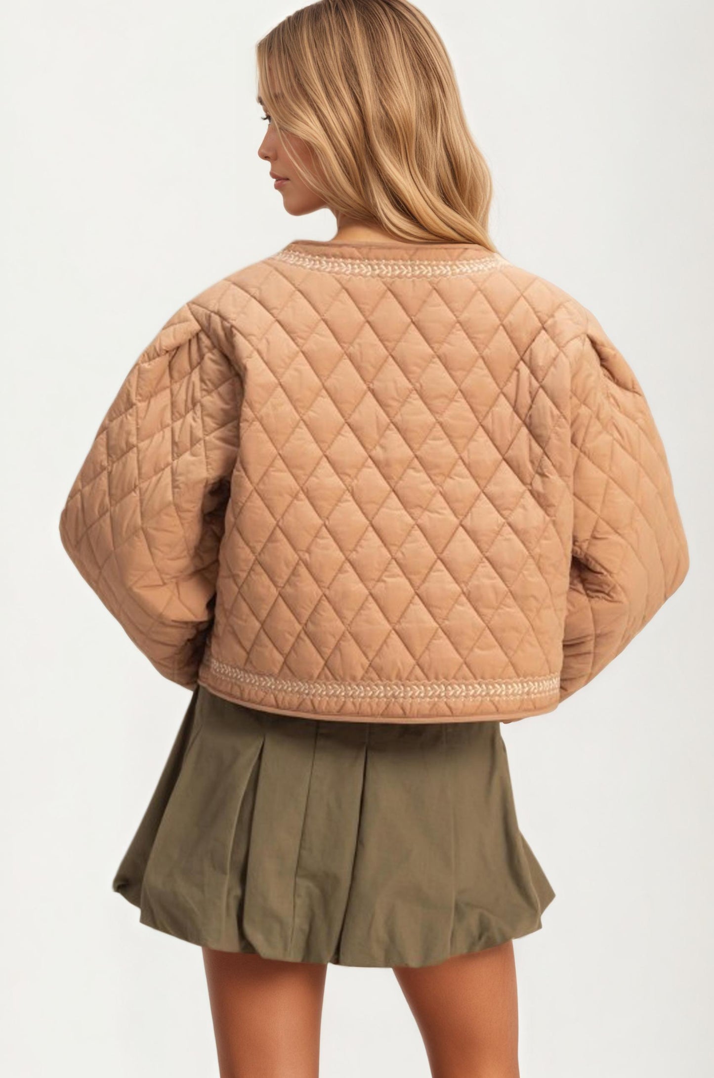 Quilted Floral Embroidered Jacket with Tie Front