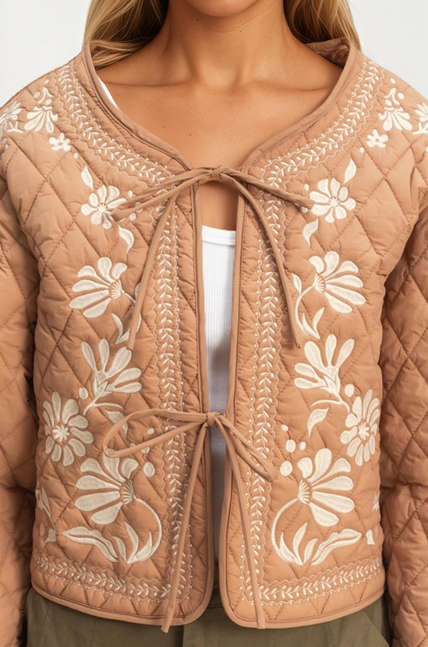 Quilted Floral Embroidered Jacket with Tie Front
