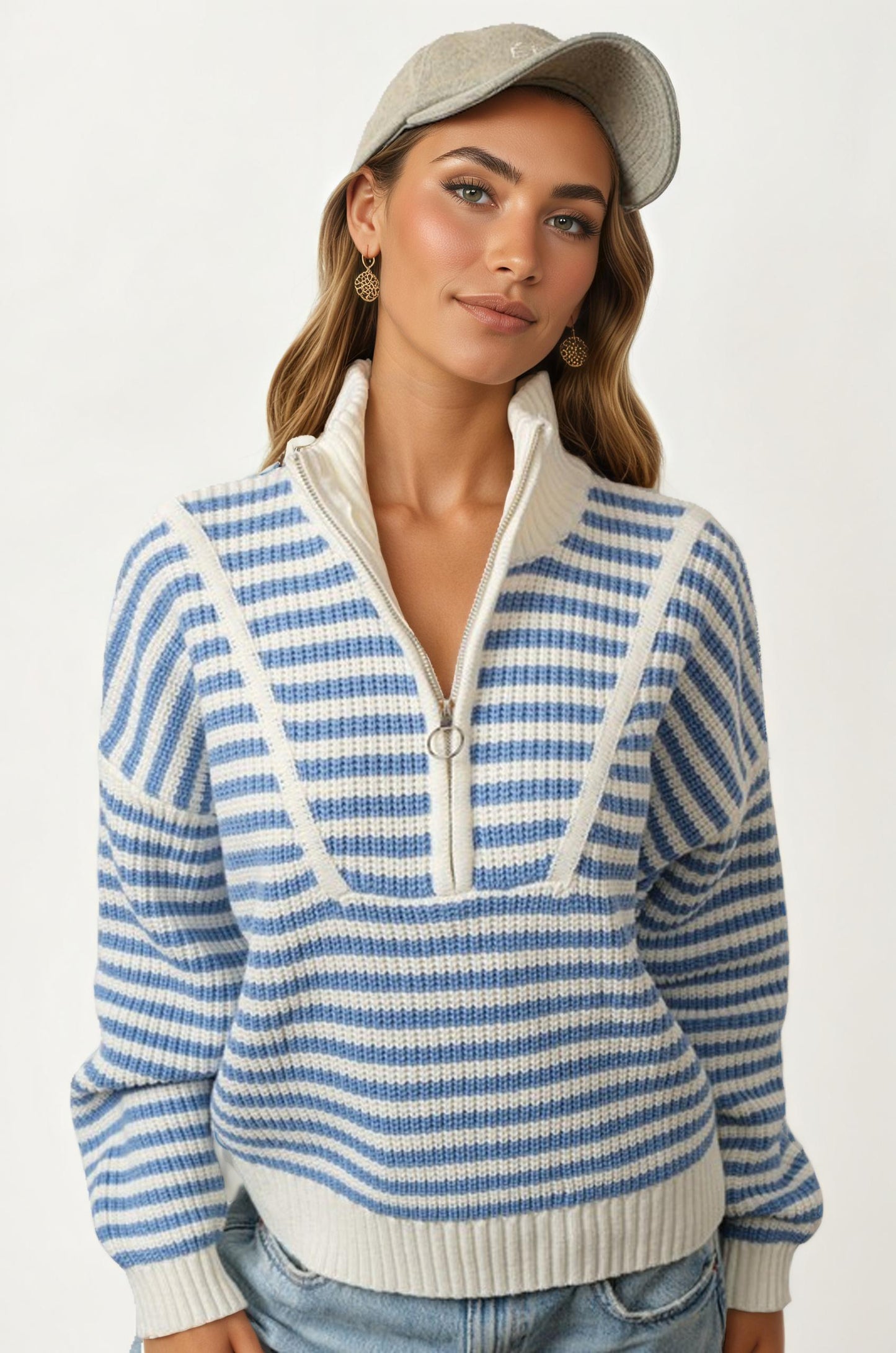 Striped Half Zip Knit Sweater With Relaxed Fit