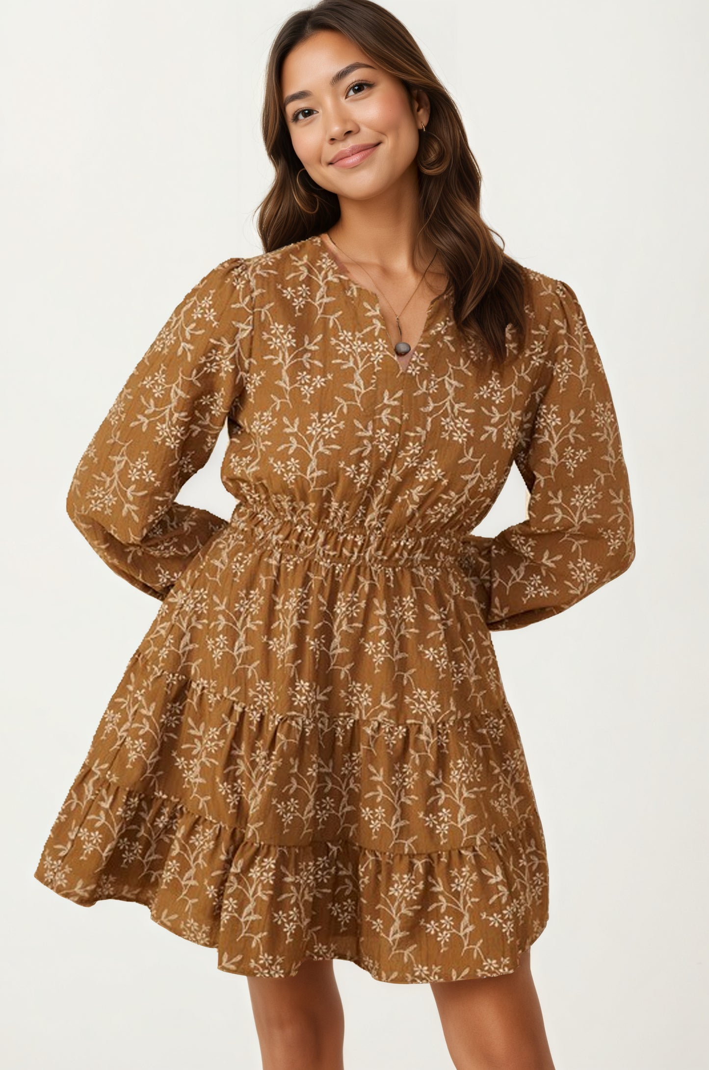 Long Sleeve Mini Dress with Smocked Waist and Tiered Skirt