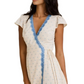 Cream Wrap Mini Dress with Blue Lace Trim and Flutter Sleeves
