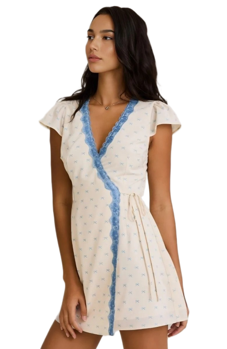 Cream Wrap Mini Dress with Blue Lace Trim and Flutter Sleeves