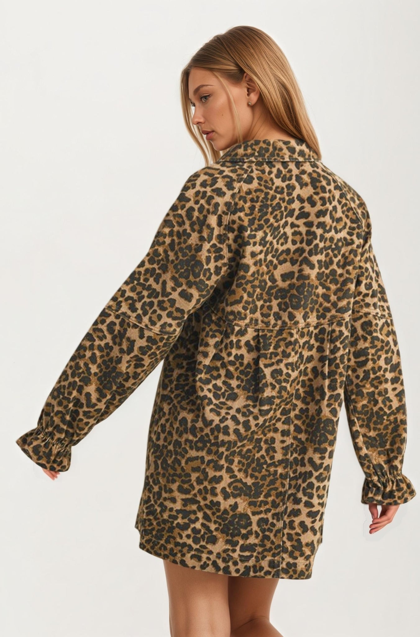 Leopard Print Button Front Long Sleeve Shirt Dress