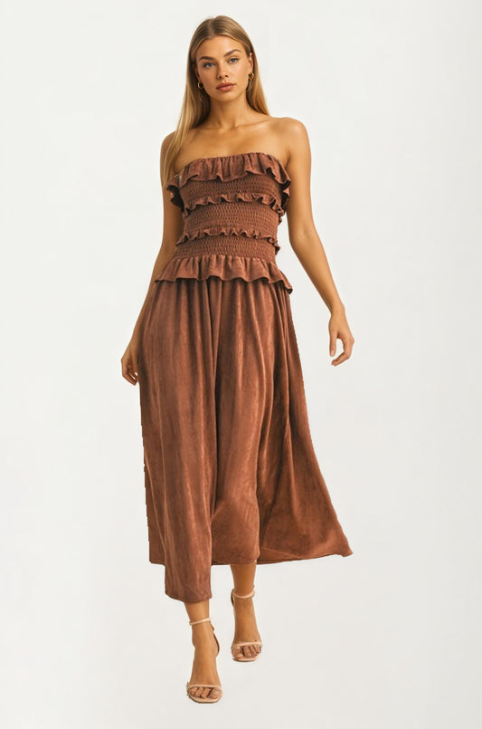 Strapless Smocked Midi Dress with Ruffle Tier Detail