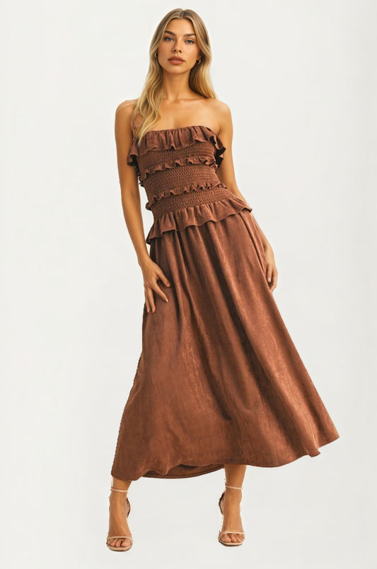 Strapless Smocked Midi Dress with Ruffle Tier Detail