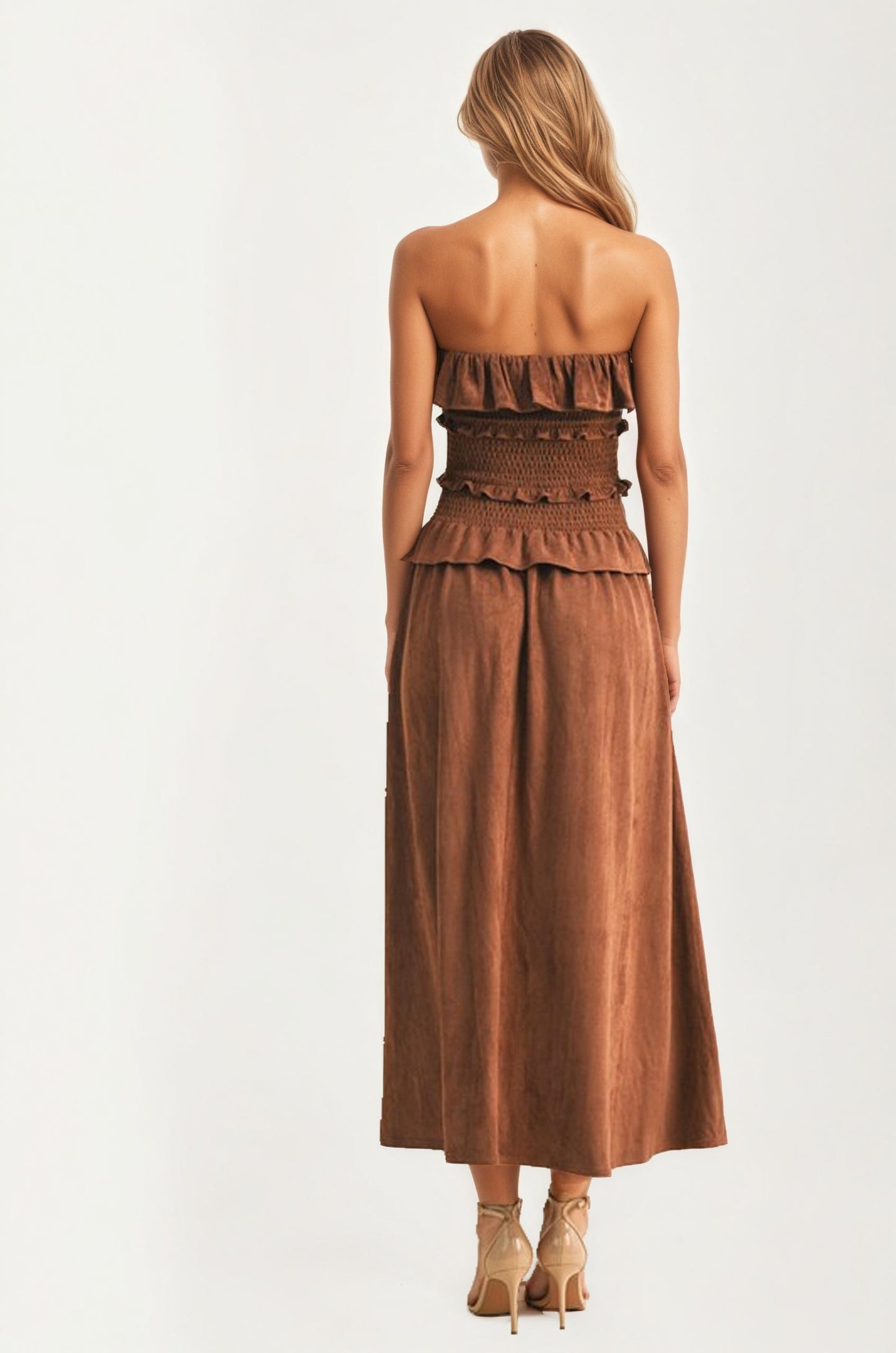 Strapless Smocked Midi Dress with Ruffle Tier Detail