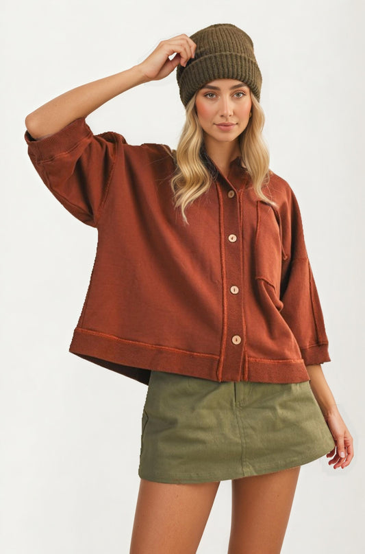Oversized Button-Up Shirt Jacket with Relaxed Fit