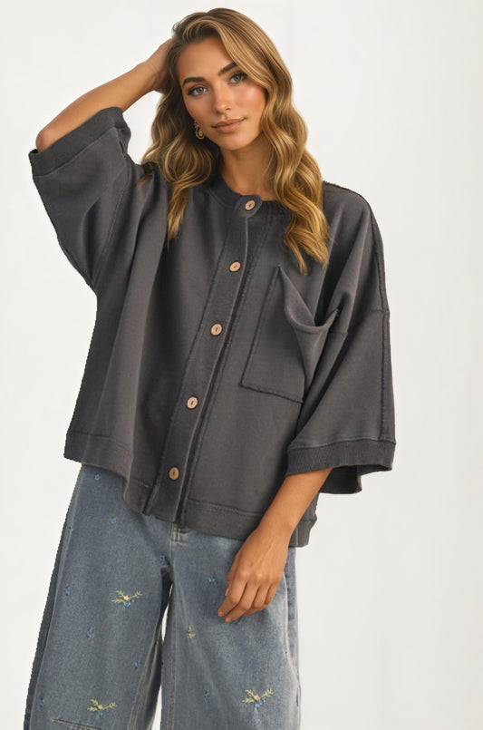 Oversized Button-Up Shirt Jacket with Relaxed Fit