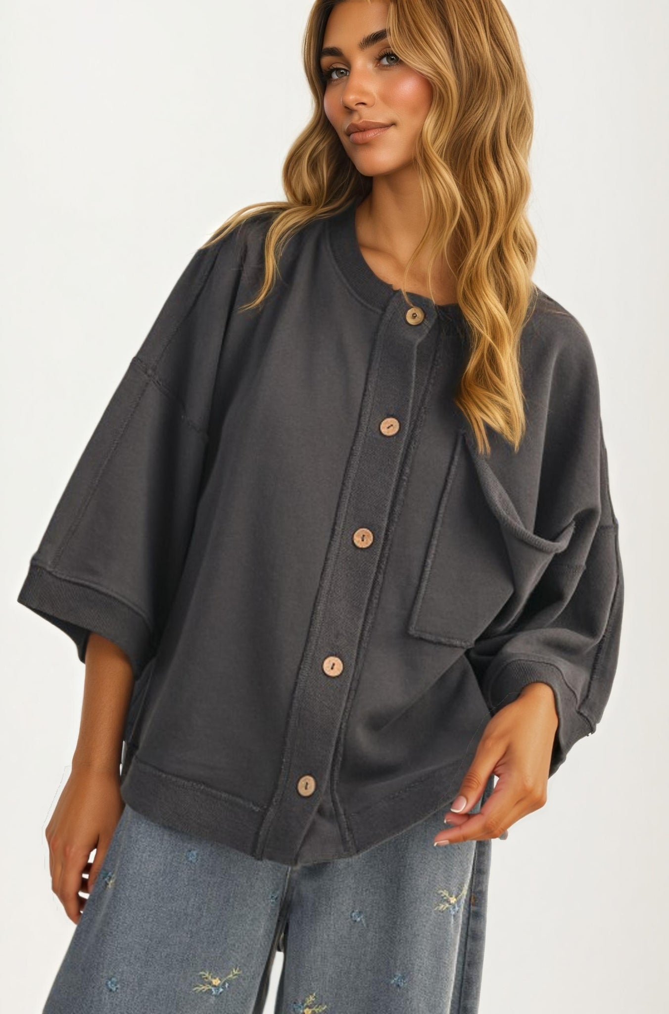 Oversized Button-Up Shirt Jacket with Relaxed Fit