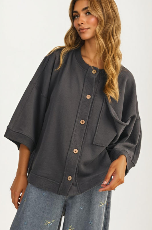 Oversized Button-Up Shirt Jacket with Relaxed Fit