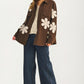 Oversized Brown Button-Up Shirt Jacket with Floral Appliqués