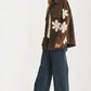 Oversized Brown Button-Up Shirt Jacket with Floral Appliqués