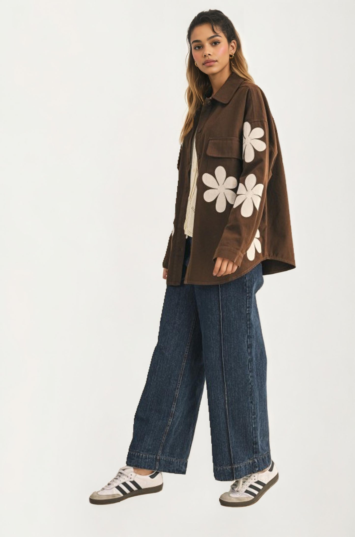 Oversized Brown Button-Up Shirt Jacket with Floral Appliqués