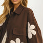 Oversized Brown Button-Up Shirt Jacket with Floral Appliqués