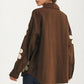 Oversized Brown Button-Up Shirt Jacket with Floral Appliqués