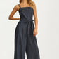 Square Neck Wide-Leg Denim Jumpsuit with Tie Waist
