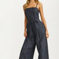 Square Neck Wide-Leg Denim Jumpsuit with Tie Waist