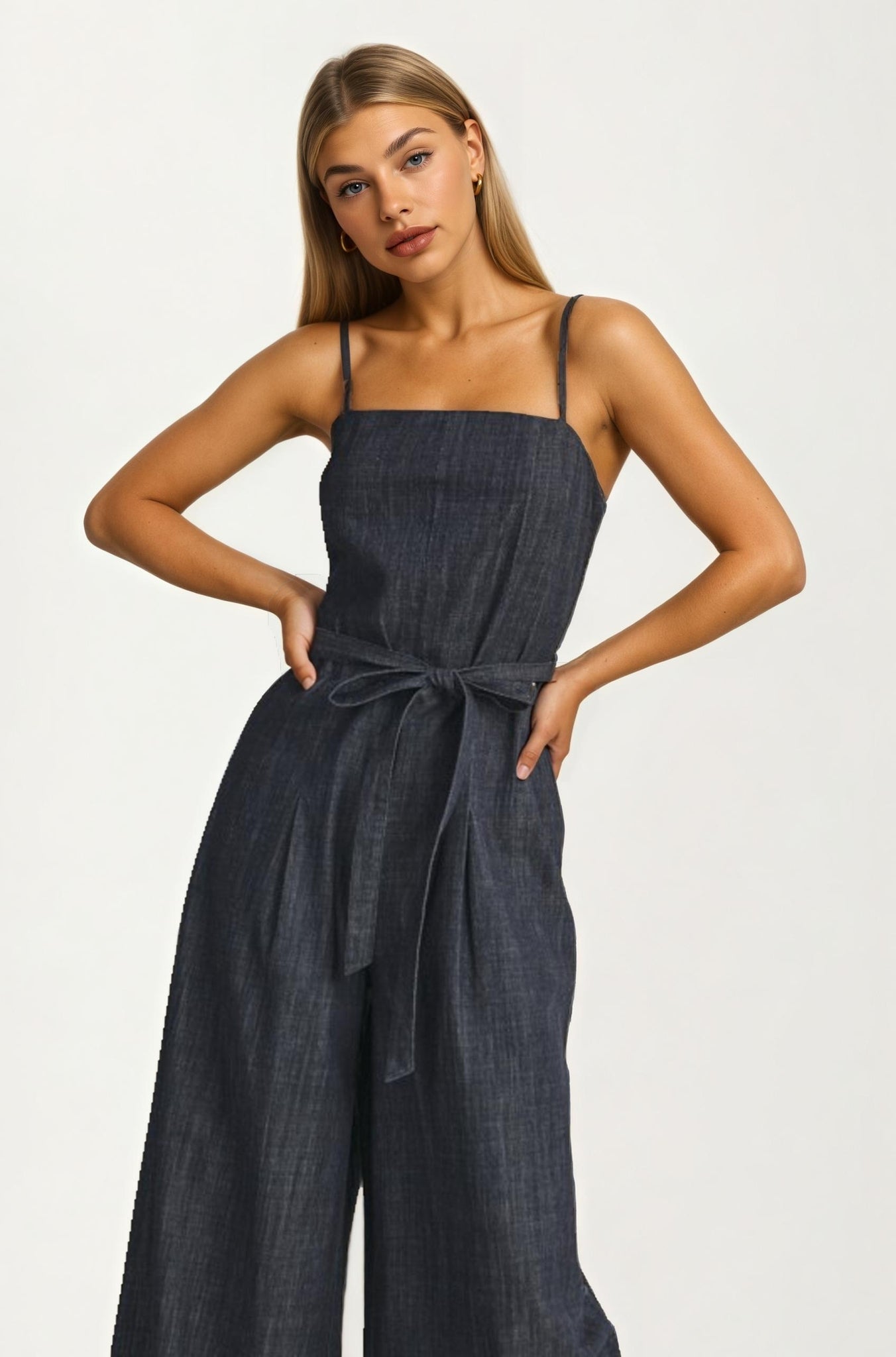 Square Neck Wide-Leg Denim Jumpsuit with Tie Waist