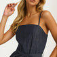 Square Neck Wide-Leg Denim Jumpsuit with Tie Waist